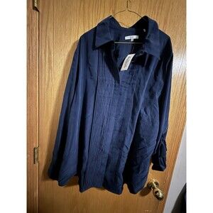 Foxcroft Button Up Shirt Womens 22W Blue Roll Tab Sleeve Cotton Stretch Non-Iron
